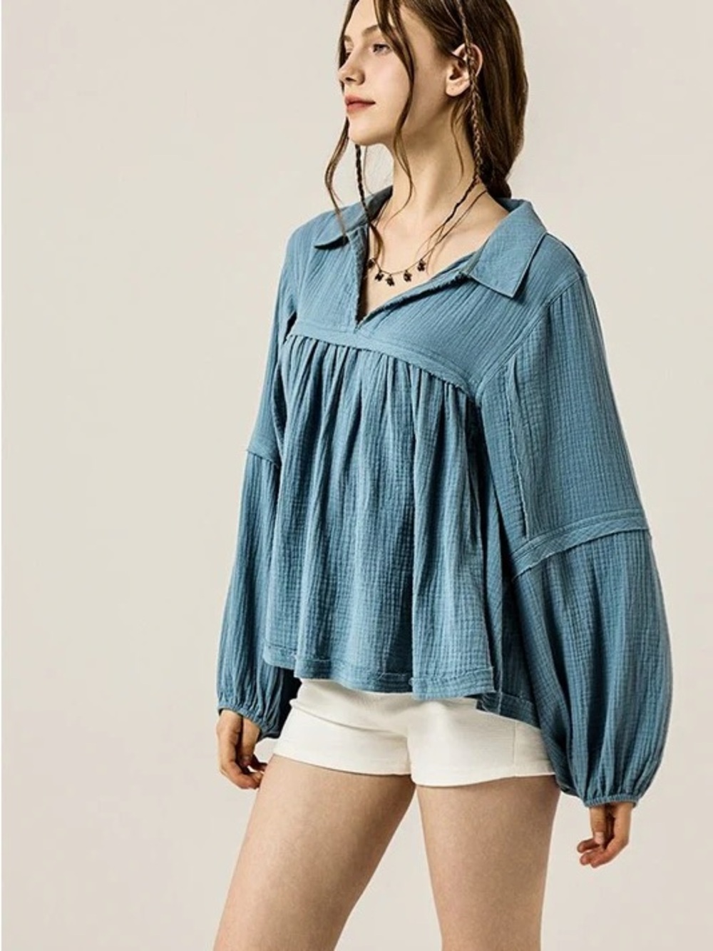 Ces Femme Blue Gauze Peasant Blouse with Balloon Sleeves